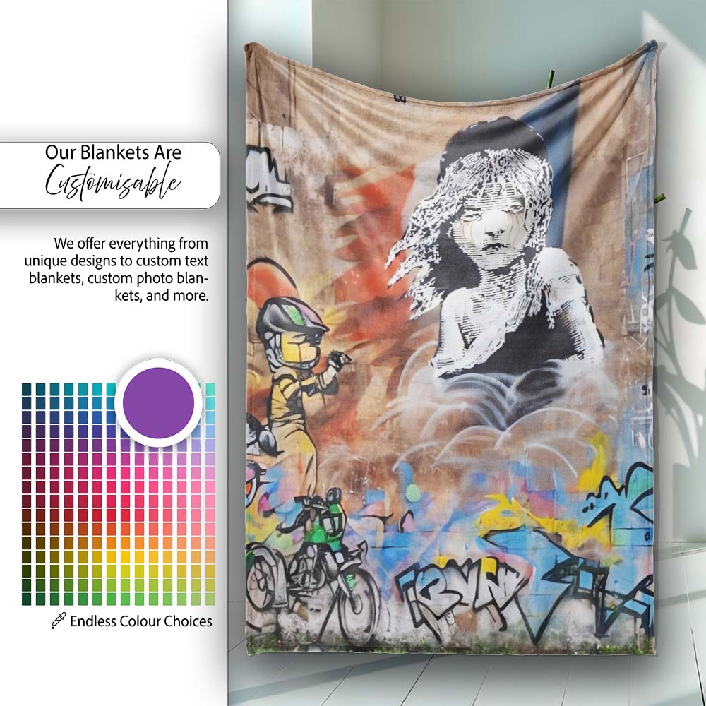 Seated Woman Cartoon Figures Urban Graffiti, Bedroom Living Room Accent, Unique Artistic Design - Super Soft Fleece Blanket Bed Sofa Throw