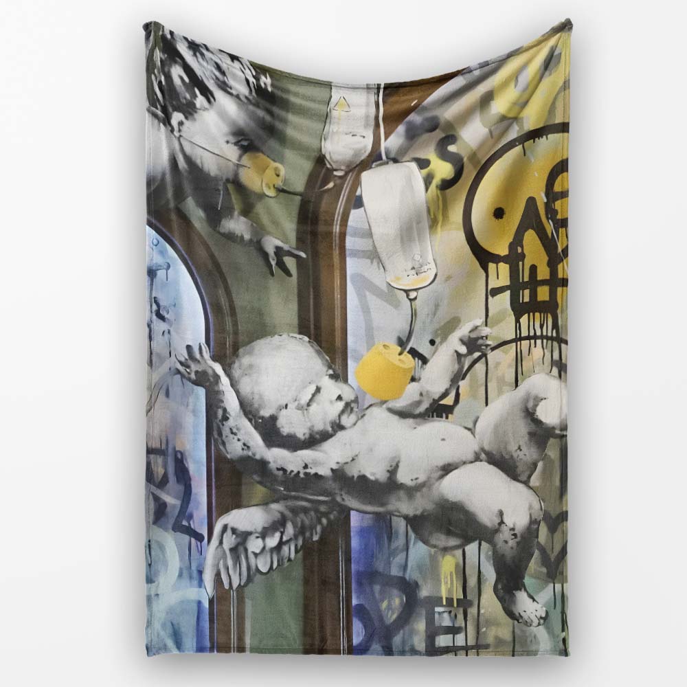 Monochrome Cherubs Plug and Peace Graffiti, Decorative Wall Art Style, Comfortable Everyday Use - Super Soft Fleece Blanket Bed Sofa Throw