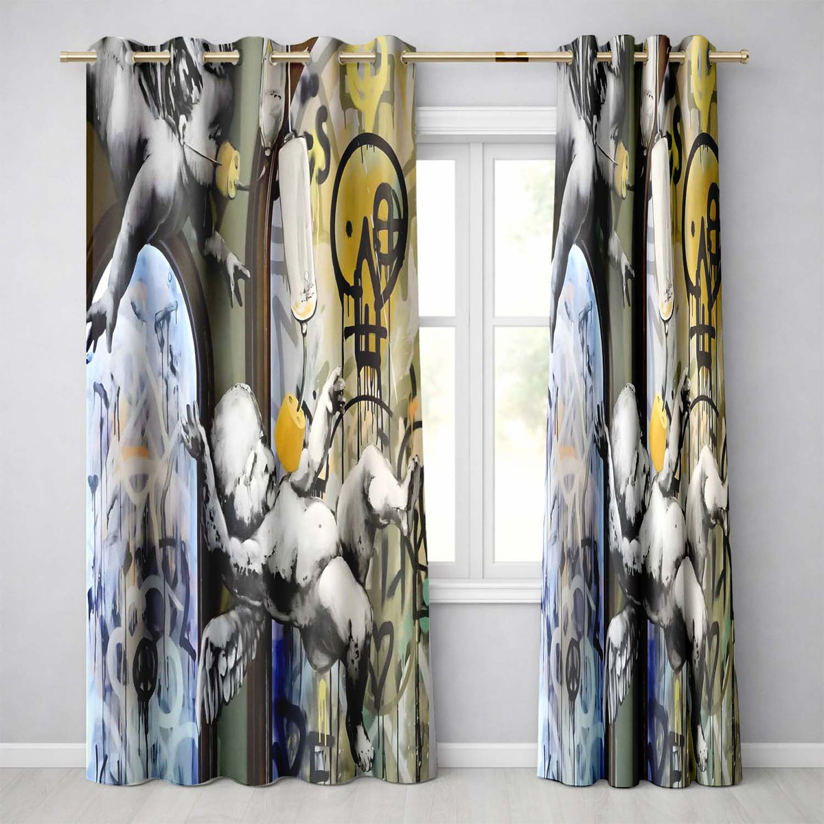Monochrome Cherubs Plug and Peace Graffiti Contemporary Artwork for Bedroom Decor Readymade Eyelet Ring Top Thermal 100% Blackout Curtains