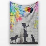 Girl Holding Balloons with Cats Colourful Graffiti, All Season Comfort, Stylish Room Decoration - Super Soft Fleece Blanket Bed Sofa Throw