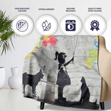 Girl Holding Balloons with Cats Colourful Graffiti, All Season Comfort, Stylish Room Decoration - Super Soft Fleece Blanket Bed Sofa Throw