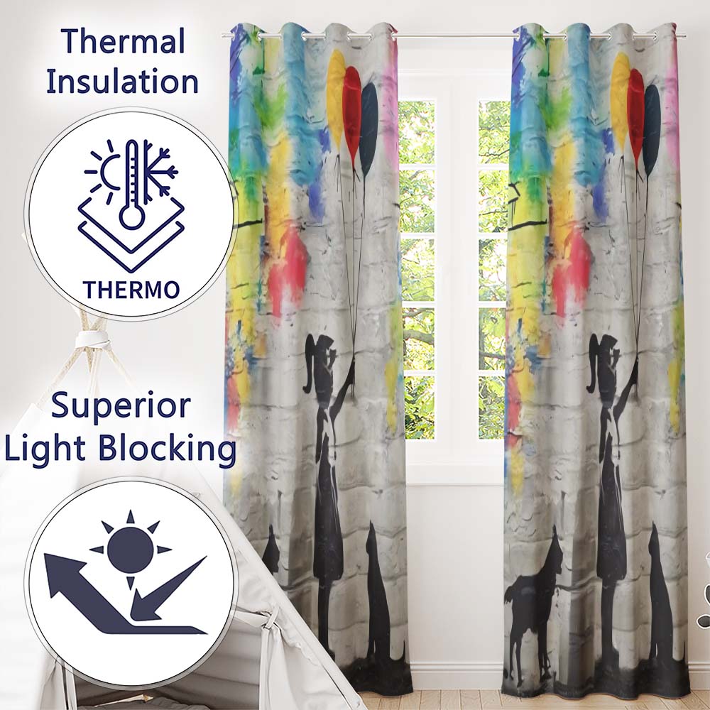 Girl Holding Balloons with Cats Colourful Graffiti Expressive Artistic Home Decor Readymade Eyelet Ring Top Thermal 100% Blackout Curtains