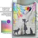 Girl Holding Balloons with Cats Colourful Graffiti, All Season Comfort, Stylish Room Decoration - Super Soft Fleece Blanket Bed Sofa Throw