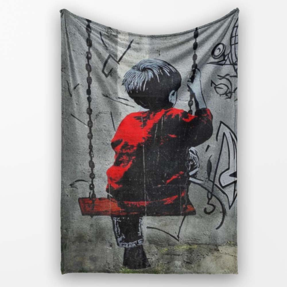 Boy on Swing Red Jacket Monochrome Graffiti, Bedroom Living Room Accent, Unique Artistic Design - Super Soft Fleece Blanket Bed Sofa Throw
