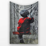 Boy on Swing Red Jacket Monochrome Graffiti, Bedroom Living Room Accent, Unique Artistic Design - Super Soft Fleece Blanket Bed Sofa Throw