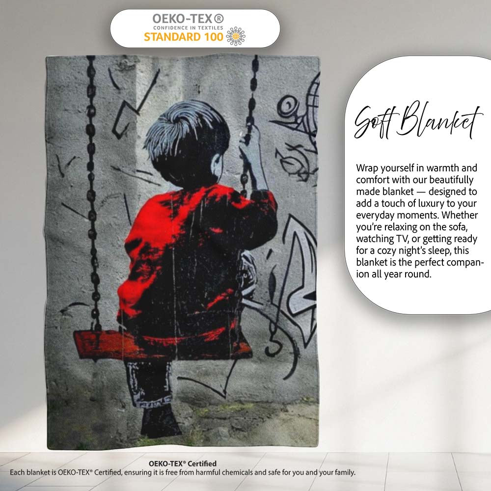 Boy on Swing Red Jacket Monochrome Graffiti, Bedroom Living Room Accent, Unique Artistic Design - Super Soft Fleece Blanket Bed Sofa Throw