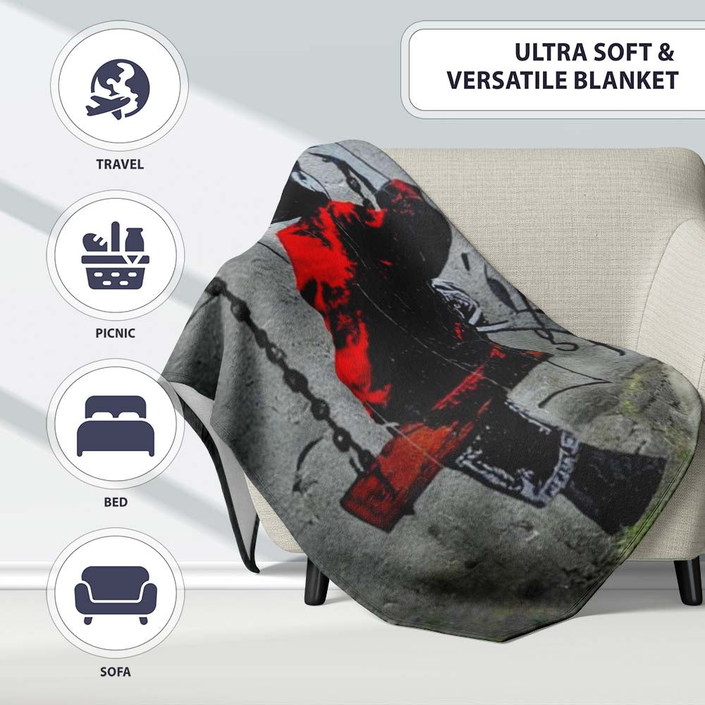 Boy on Swing Red Jacket Monochrome Graffiti, Bedroom Living Room Accent, Unique Artistic Design - Super Soft Fleece Blanket Bed Sofa Throw