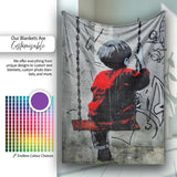 Boy on Swing Red Jacket Monochrome Graffiti, Bedroom Living Room Accent, Unique Artistic Design - Super Soft Fleece Blanket Bed Sofa Throw