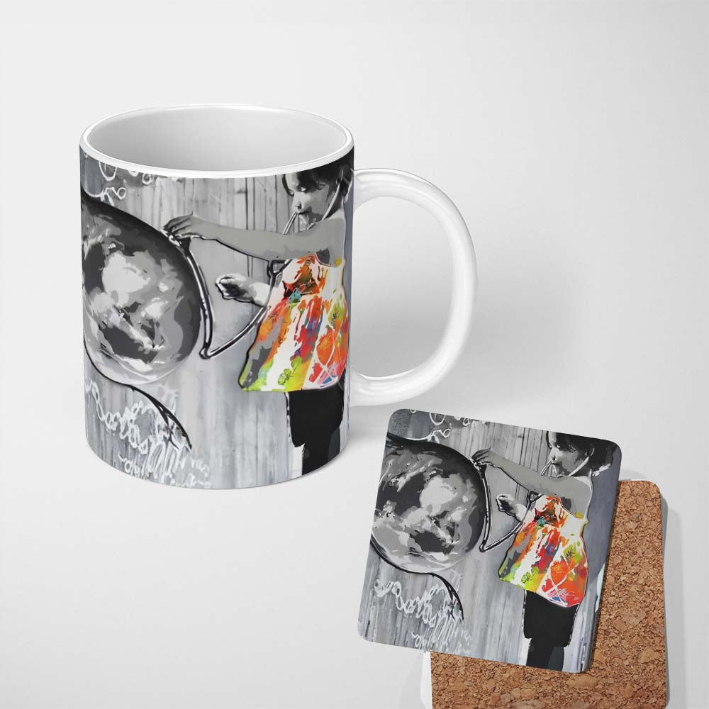 Girl Painting Globe Colour Splash Graffiti 11oz Ceramic Coffee Tea Mug White Large Handle