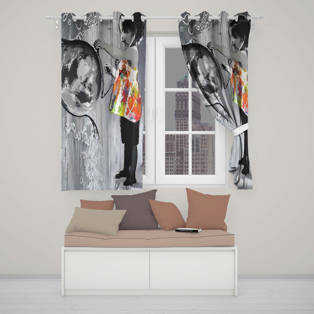 Girl Painting Globe Colour Splash Graffiti Vibrant Elegant Artwork for Home Decor Readymade Eyelet Ring Top Thermal 100% Blackout Curtains