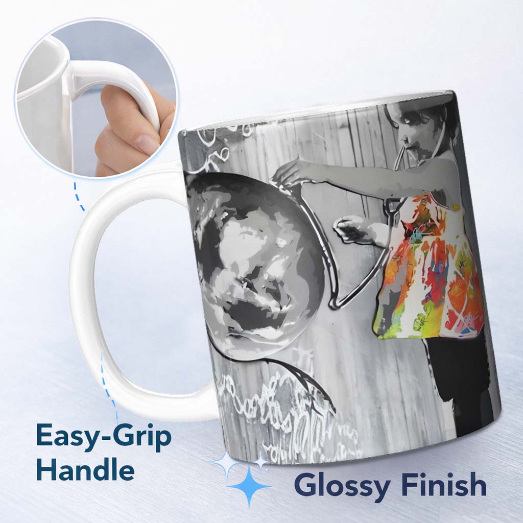 Girl Painting Globe Colour Splash Graffiti 11oz Ceramic Coffee Tea Mug White Large Handle