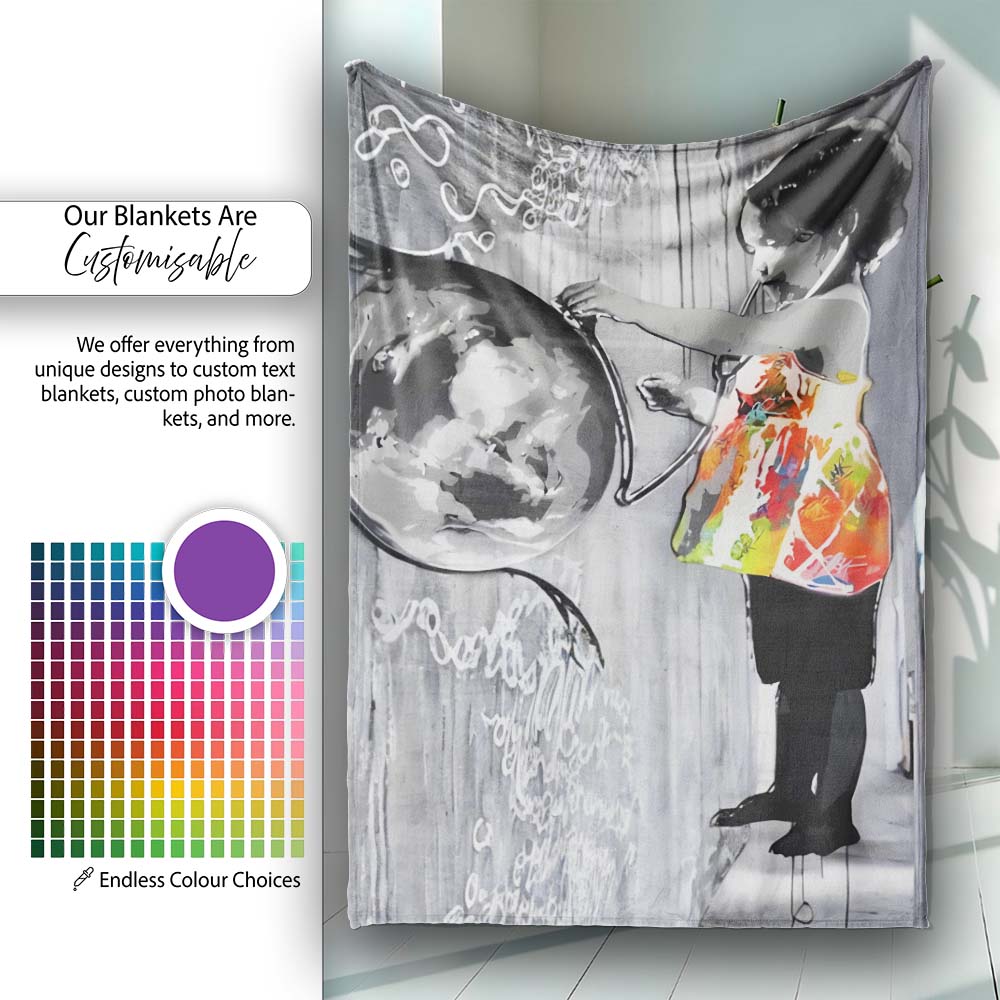 Girl Painting Globe Colour Splash Graffiti, Decorative Wall Art Style, Comfortable Everyday Use - Super Soft Fleece Blanket Bed Sofa Throw