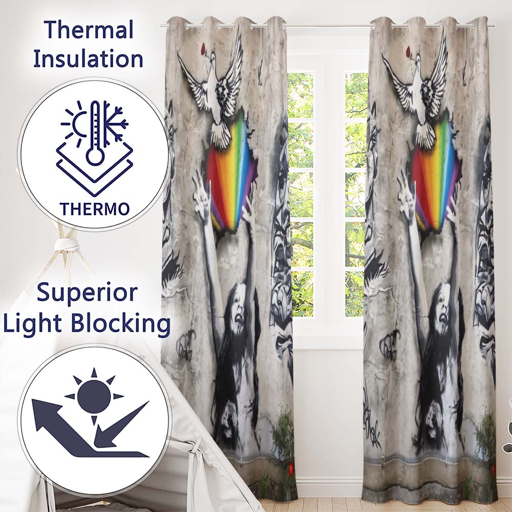 Woman Holding Rainbow Heart Dove Graffiti Vibrant Artistic Artwork for Home Decor Readymade Eyelet Ring Top Thermal 100% Blackout Curtains