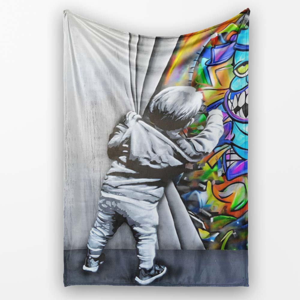 Child Revealing Colourful Graffiti Wall, Comfortable Everyday Use, Thoughtful Housewarming Gift - Super Soft Fleece Blanket Bed Sofa Throw