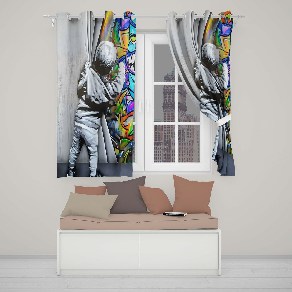 Child Revealing Colourful Graffiti Wall Stylish Expressive Artwork for Home Decor Readymade Eyelet Ring Top Thermal 100% Blackout Curtains