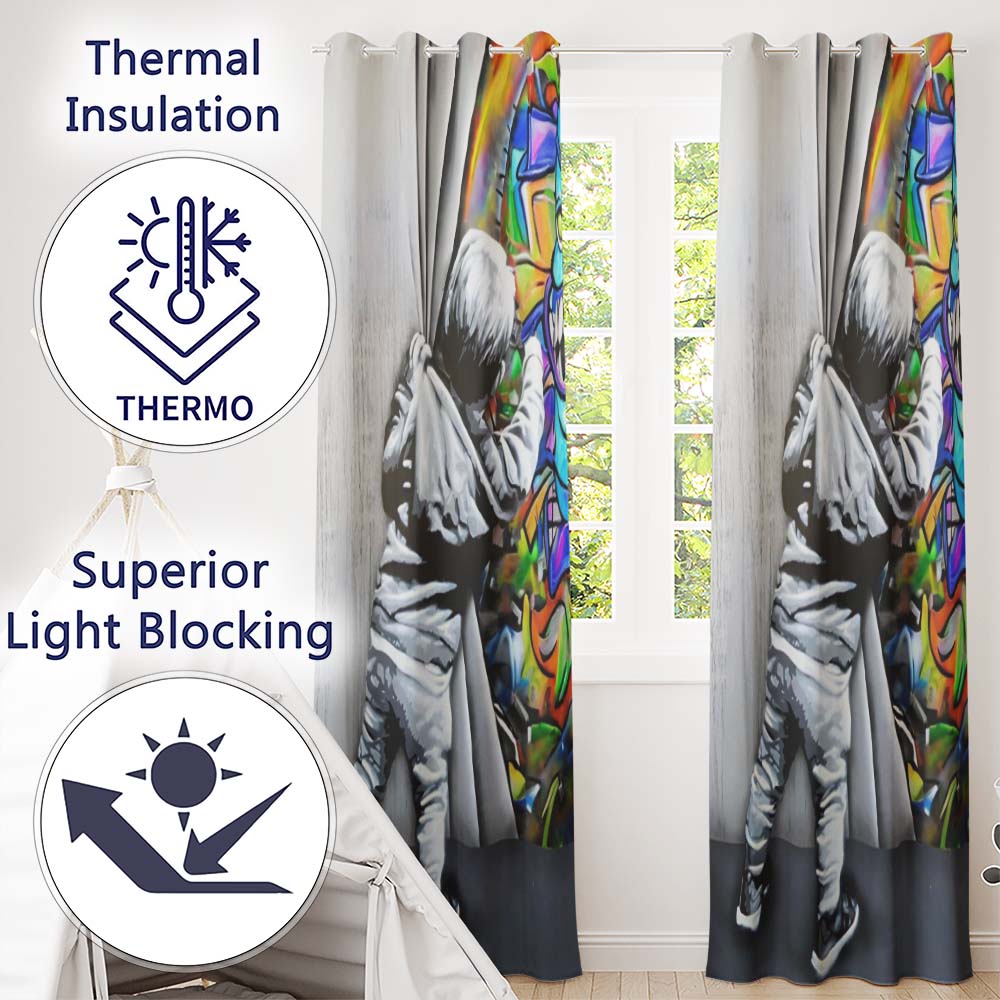 Child Revealing Colourful Graffiti Wall Stylish Expressive Artwork for Home Decor Readymade Eyelet Ring Top Thermal 100% Blackout Curtains