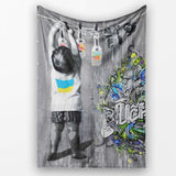 Girl Hanging Art Bottles Blue Yellow Urban Graffiti, All Season Comfort, Modern Interior Accent - Super Soft Fleece Blanket Bed Sofa Throw
