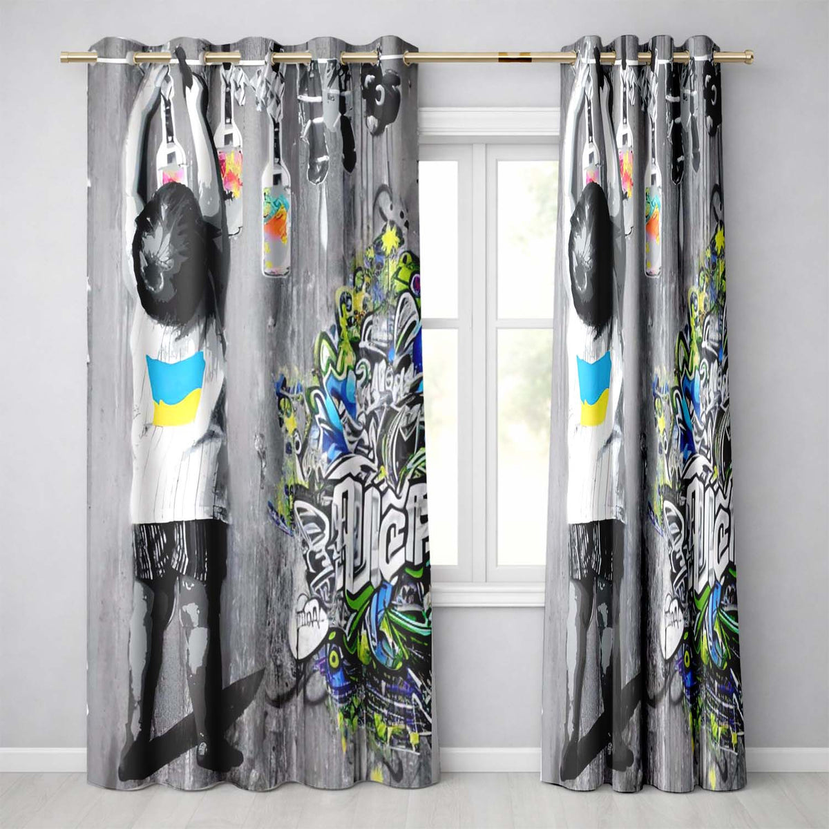 Girl Hanging Art Bottles Blue Yellow Urban Graffiti Stylish Design for Home Decor Readymade Eyelet Ring Top Thermal 100% Blackout Curtains