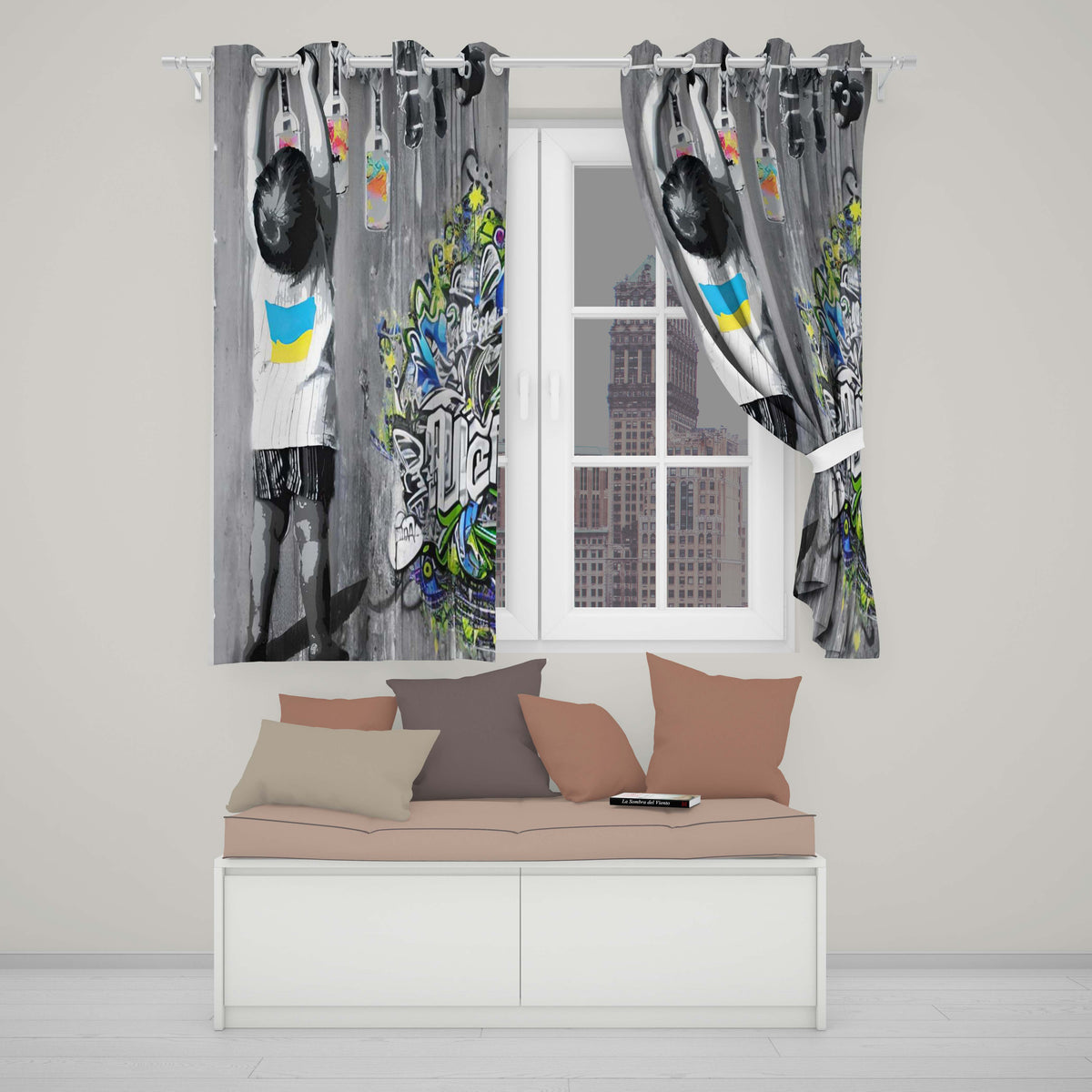 Girl Hanging Art Bottles Blue Yellow Urban Graffiti Stylish Design for Home Decor Readymade Eyelet Ring Top Thermal 100% Blackout Curtains
