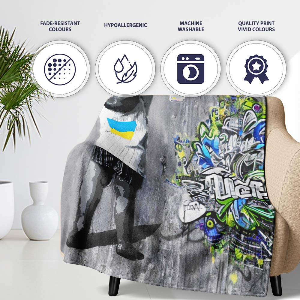 Girl Hanging Art Bottles Blue Yellow Urban Graffiti, All Season Comfort, Modern Interior Accent - Super Soft Fleece Blanket Bed Sofa Throw