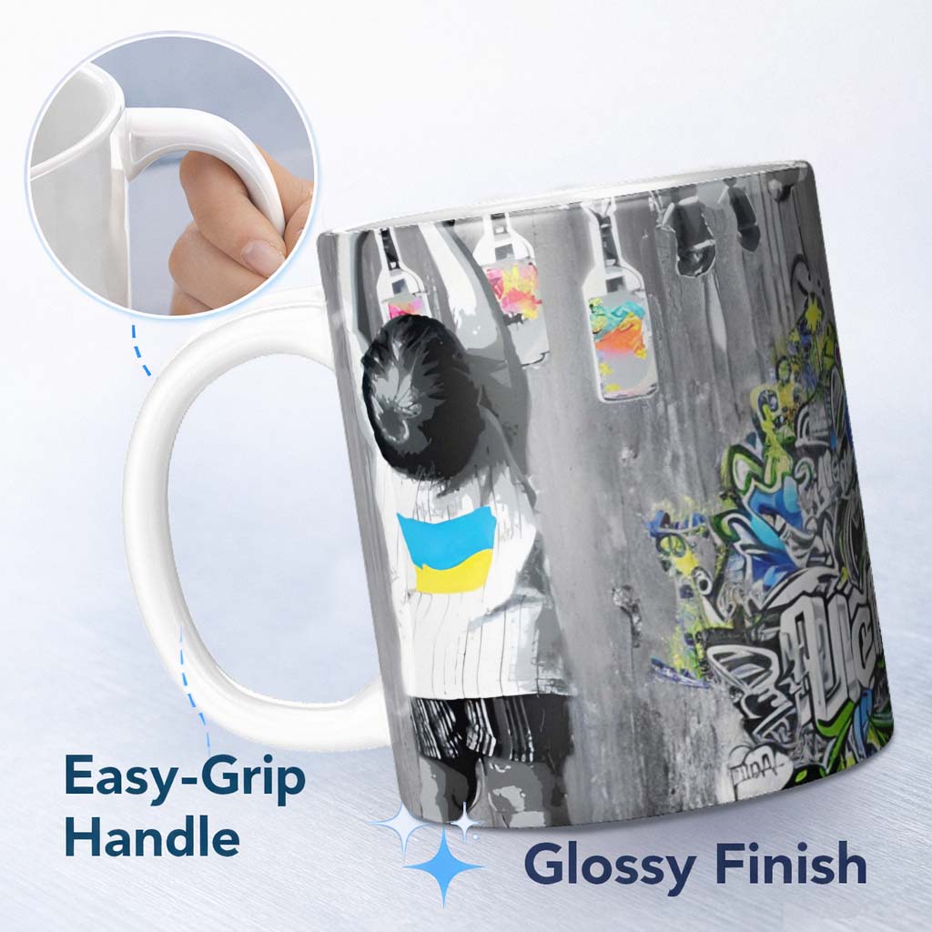 Girl Hanging Art Bottles Blue Yellow Urban Graffiti 11oz Ceramic Coffee Tea Mug White Large Handle