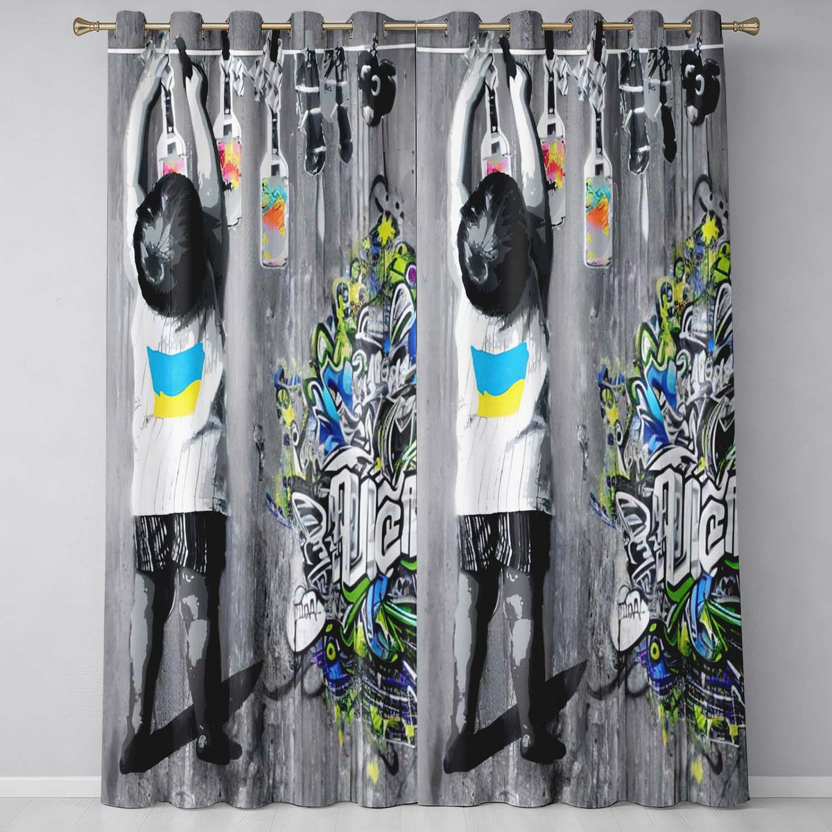 Girl Hanging Art Bottles Blue Yellow Urban Graffiti Stylish Design for Home Decor Readymade Eyelet Ring Top Thermal 100% Blackout Curtains
