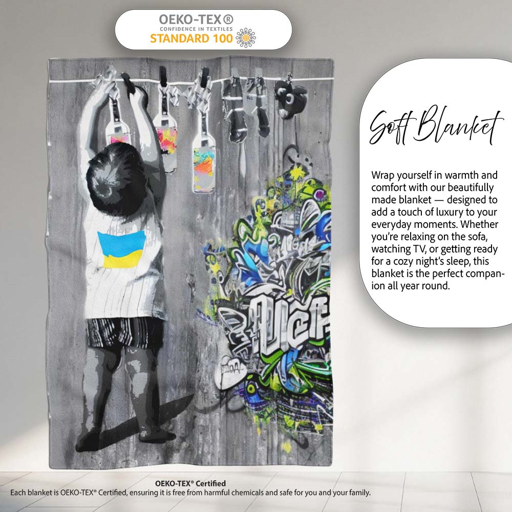 Girl Hanging Art Bottles Blue Yellow Urban Graffiti, All Season Comfort, Modern Interior Accent - Super Soft Fleece Blanket Bed Sofa Throw