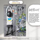 Girl Hanging Art Bottles Blue Yellow Urban Graffiti, All Season Comfort, Modern Interior Accent - Super Soft Fleece Blanket Bed Sofa Throw