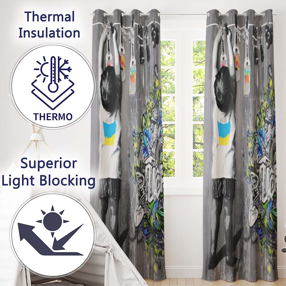 Girl Hanging Art Bottles Blue Yellow Urban Graffiti Stylish Design for Home Decor Readymade Eyelet Ring Top Thermal 100% Blackout Curtains