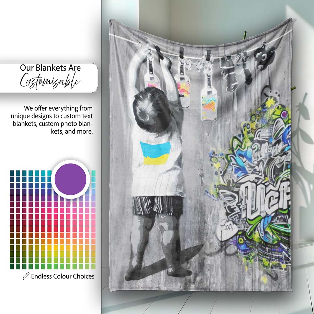 Girl Hanging Art Bottles Blue Yellow Urban Graffiti, All Season Comfort, Modern Interior Accent - Super Soft Fleece Blanket Bed Sofa Throw