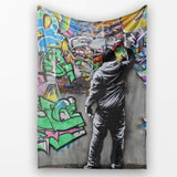 Graffiti Artist Painting Colourful Cartoon Mural, All Season Comfort, Decorative Wall Art Style - Super Soft Fleece Blanket Bed Sofa Throw