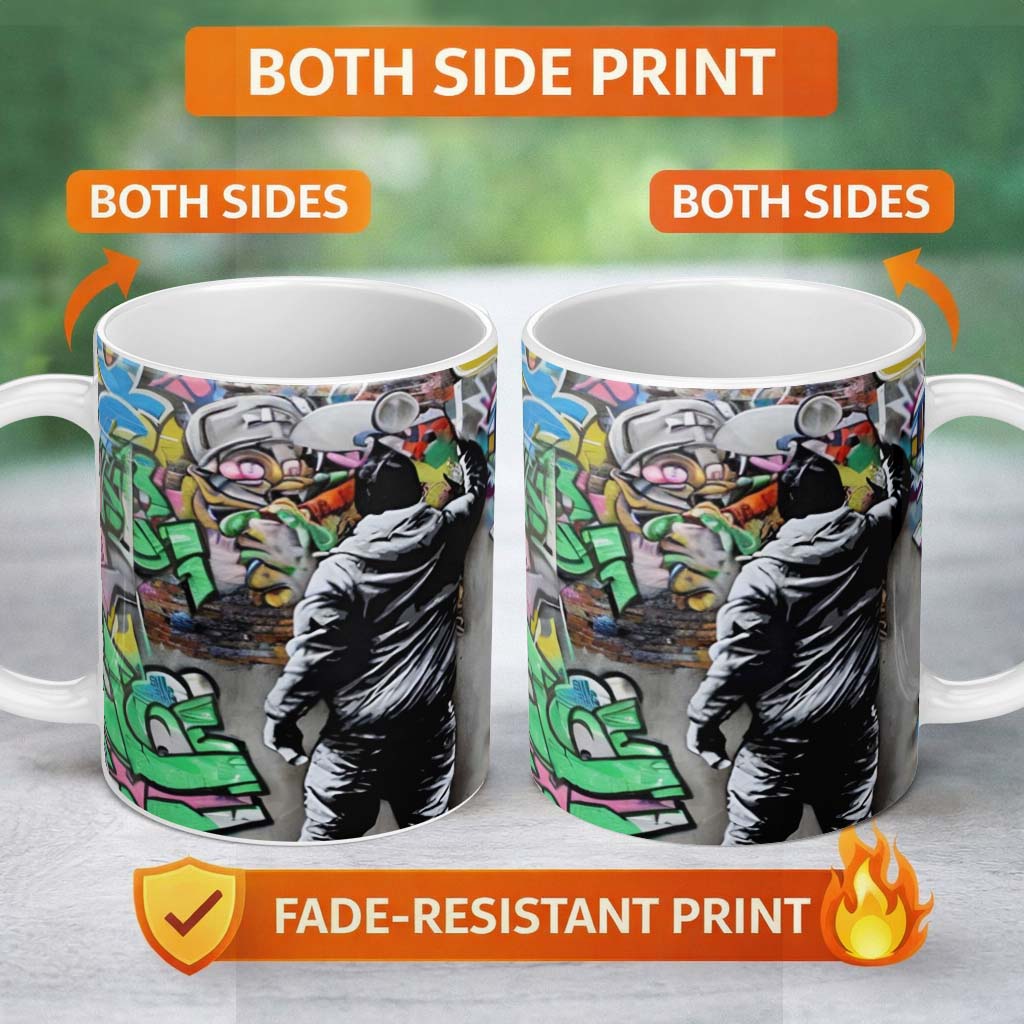 Graffiti Artist Painting Colourful Cartoon Mural 11oz Ceramic Coffee Tea Mug White Large Handle