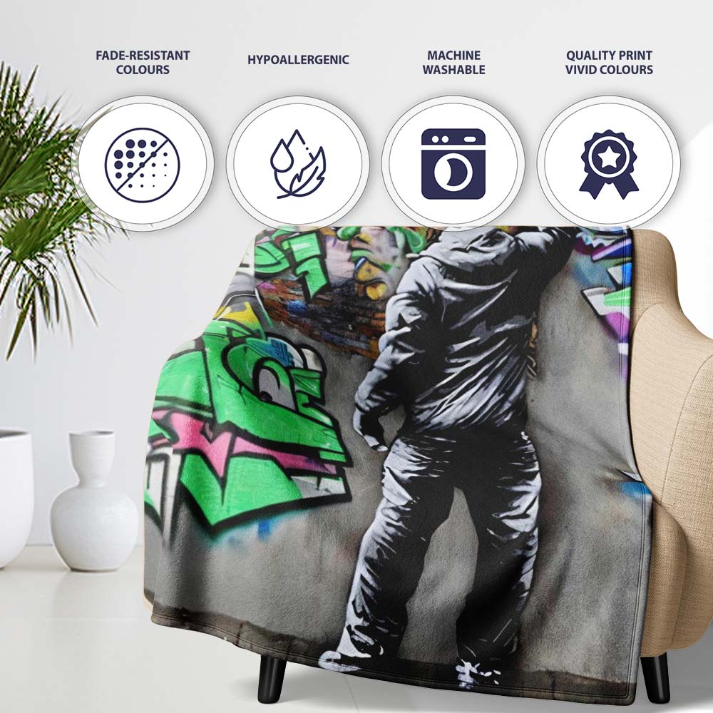 Graffiti Artist Painting Colourful Cartoon Mural, All Season Comfort, Decorative Wall Art Style - Super Soft Fleece Blanket Bed Sofa Throw