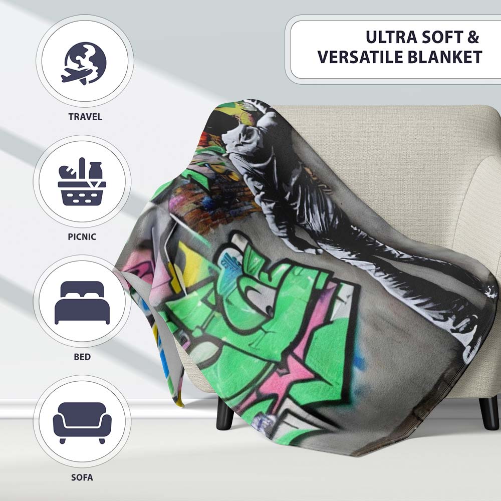 Graffiti Artist Painting Colourful Cartoon Mural, All Season Comfort, Decorative Wall Art Style - Super Soft Fleece Blanket Bed Sofa Throw