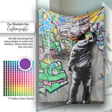 Graffiti Artist Painting Colourful Cartoon Mural, All Season Comfort, Decorative Wall Art Style - Super Soft Fleece Blanket Bed Sofa Throw