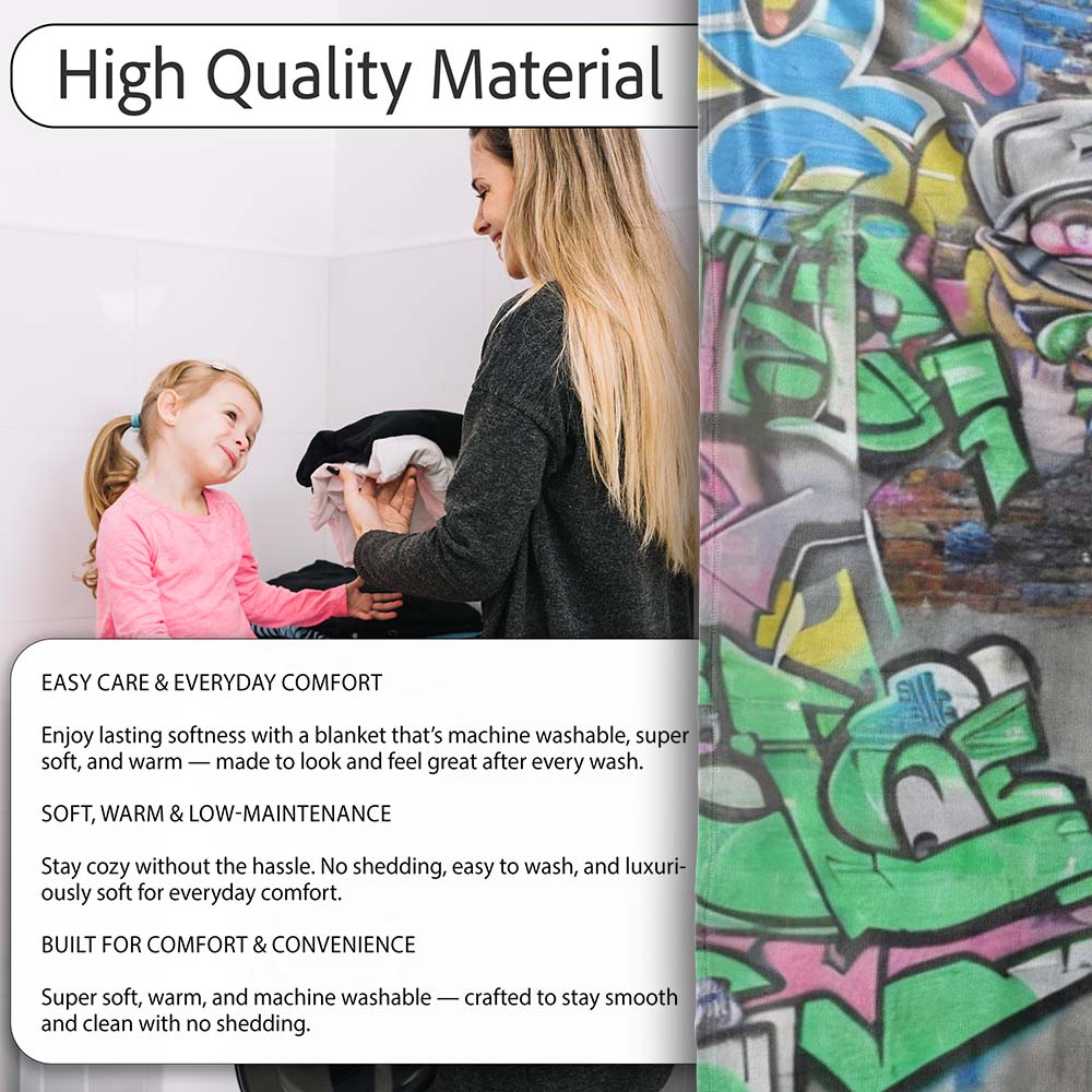 Graffiti Artist Painting Colourful Cartoon Mural, All Season Comfort, Decorative Wall Art Style - Super Soft Fleece Blanket Bed Sofa Throw