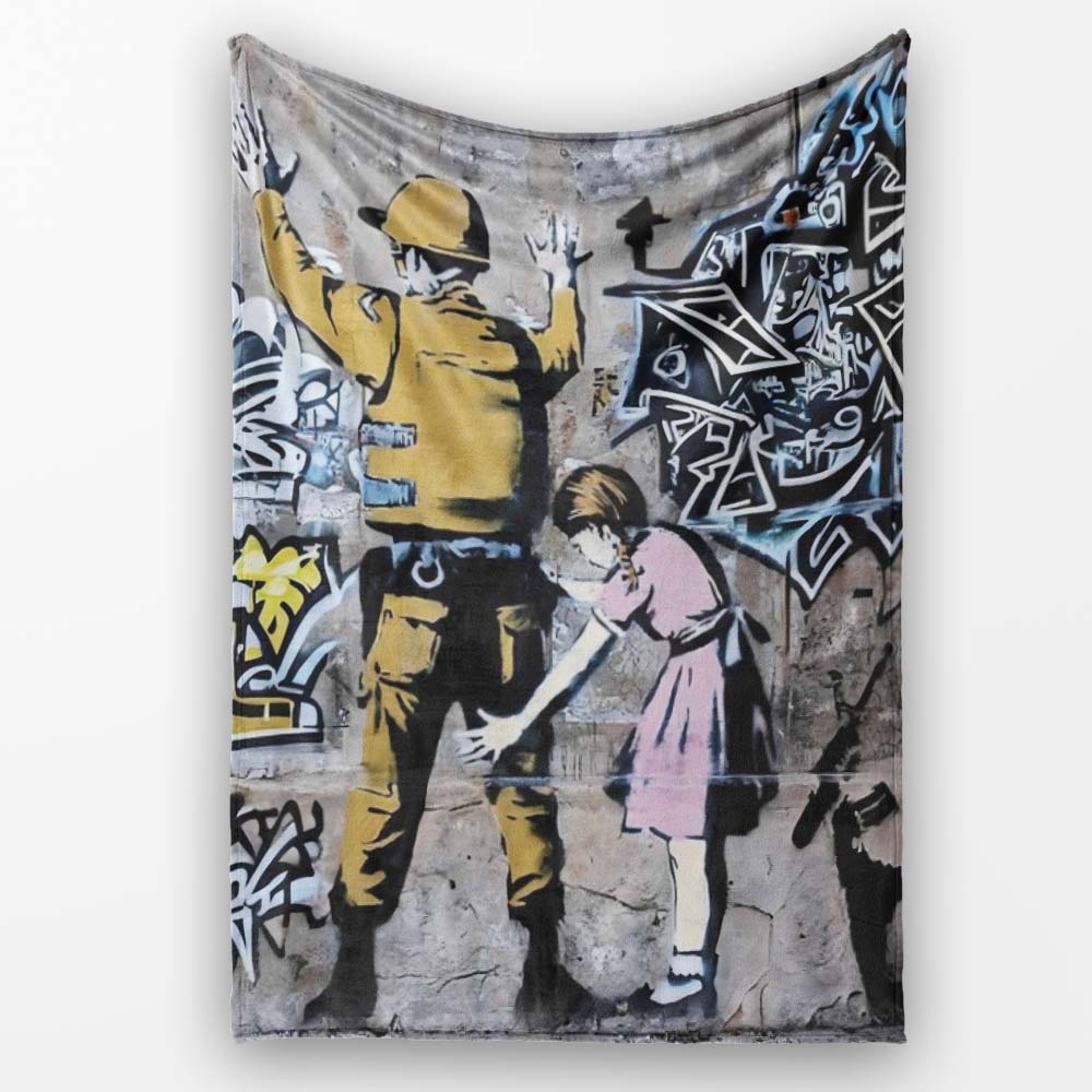 Soldier and Girl Pink Dress Urban Graffiti, Decorative Wall Art Style, Comfortable Everyday Use - Super Soft Fleece Blanket Bed Sofa Throw