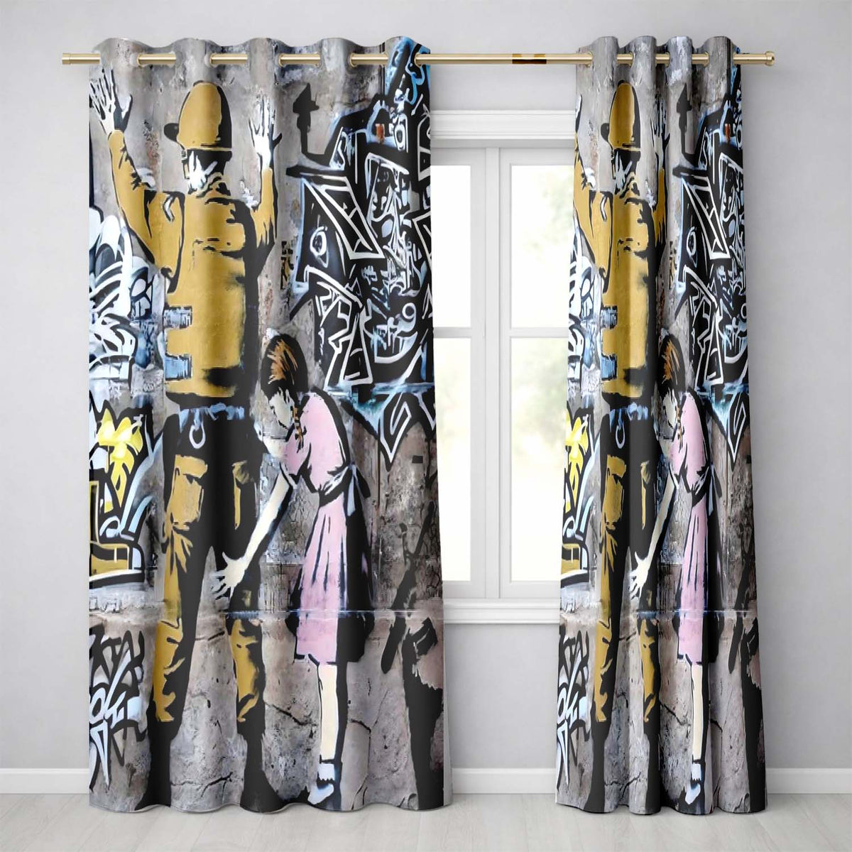 Soldier and Girl Pink Dress Urban Graffiti Modern Timeless Artwork for Home Decor Readymade Eyelet Ring Top Thermal 100% Blackout Curtains