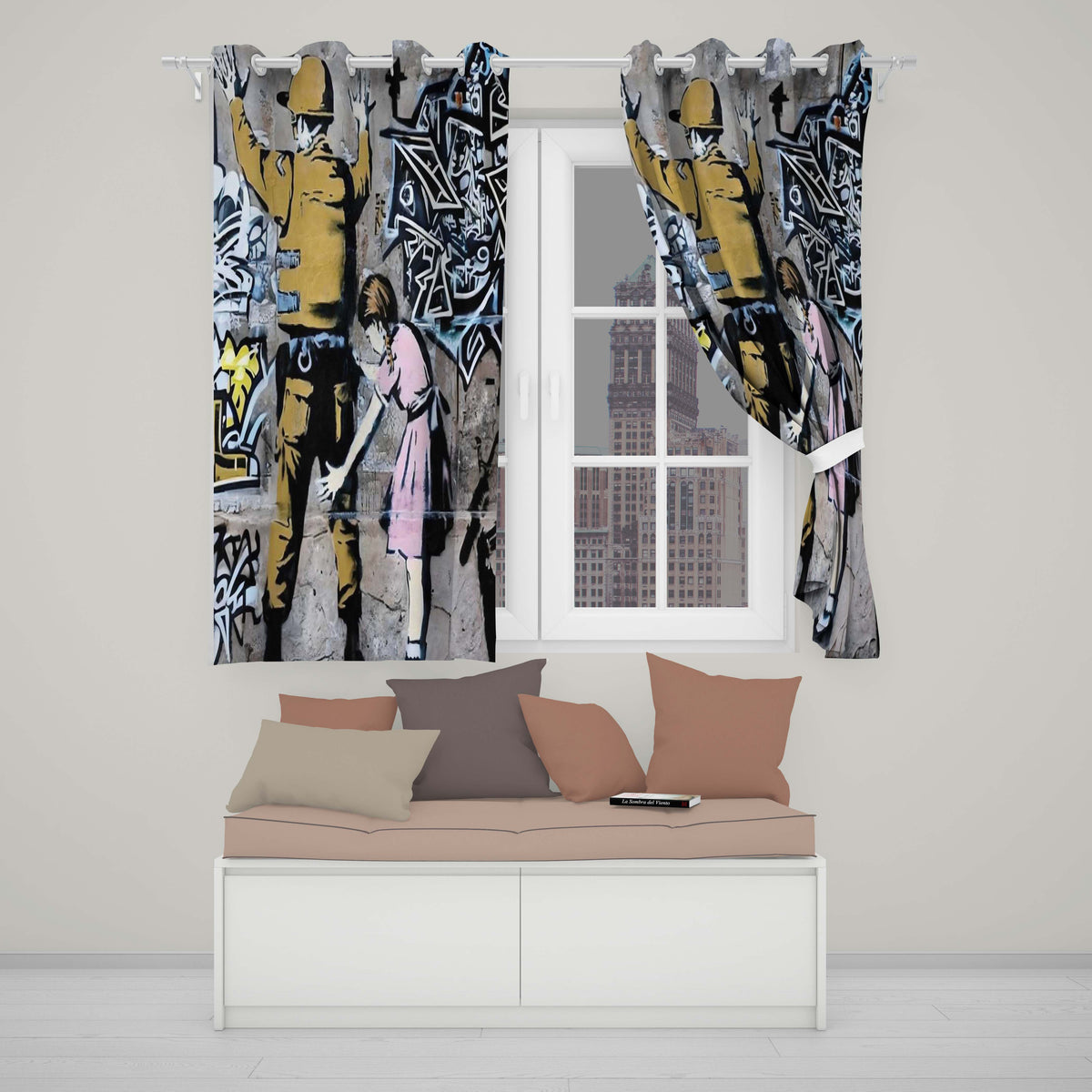 Soldier and Girl Pink Dress Urban Graffiti Modern Timeless Artwork for Home Decor Readymade Eyelet Ring Top Thermal 100% Blackout Curtains