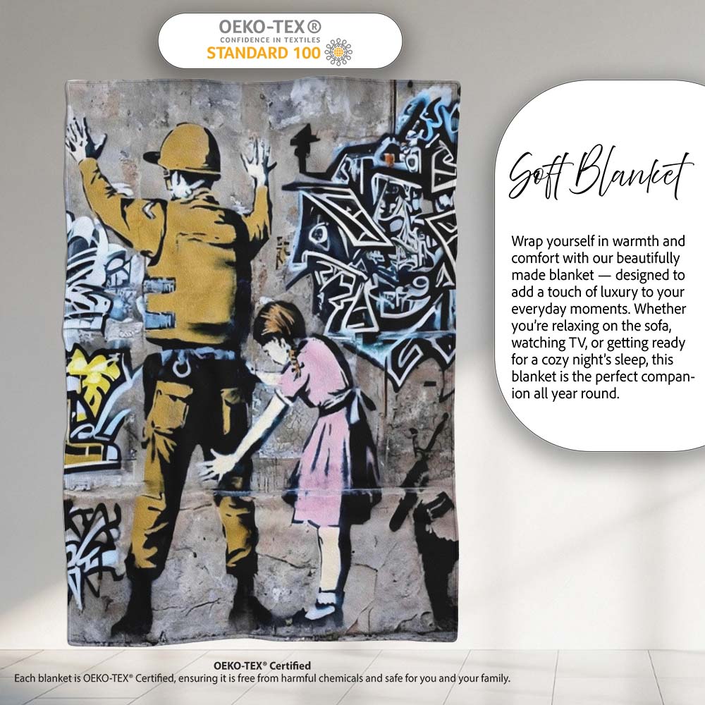 Soldier and Girl Pink Dress Urban Graffiti, Decorative Wall Art Style, Comfortable Everyday Use - Super Soft Fleece Blanket Bed Sofa Throw