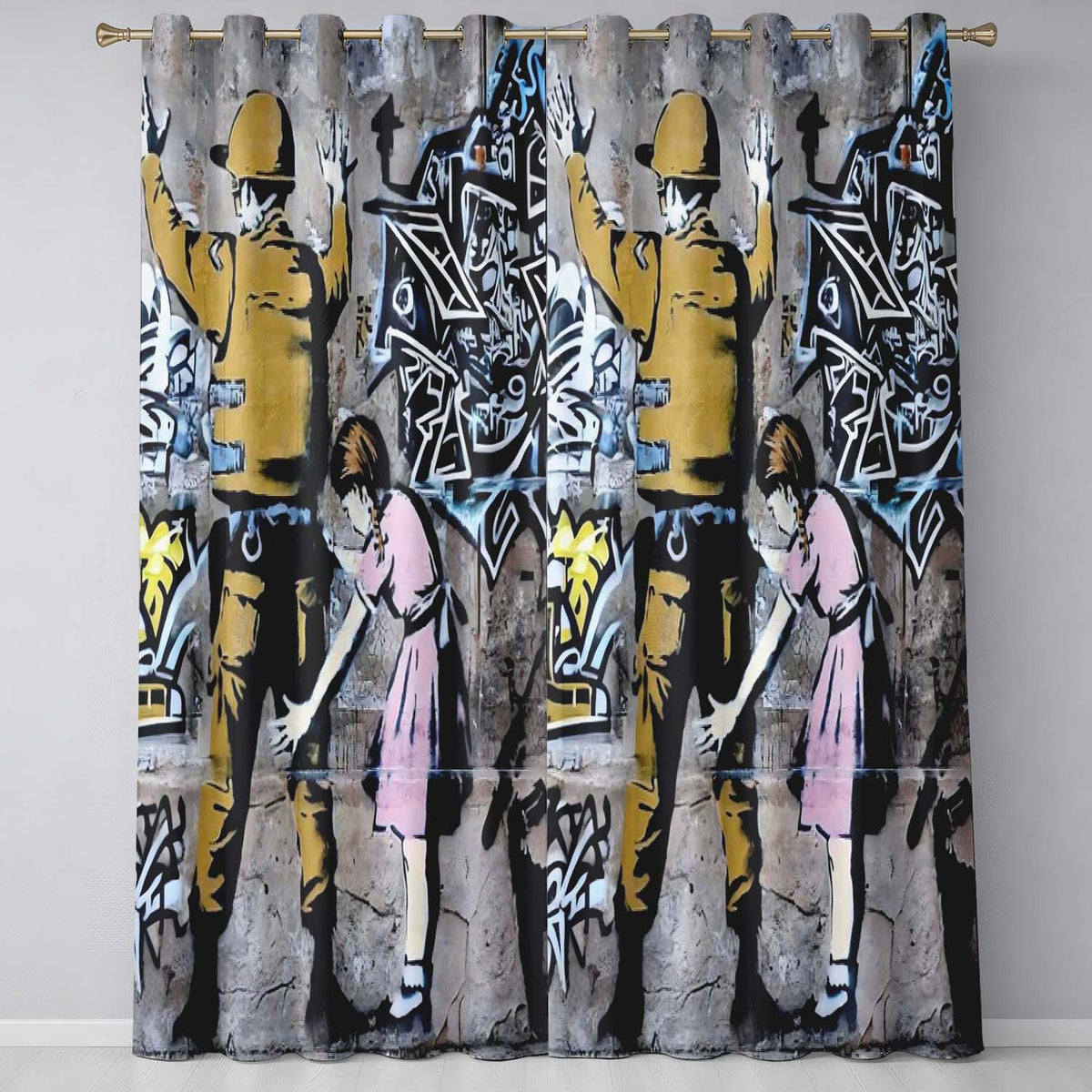 Soldier and Girl Pink Dress Urban Graffiti Modern Timeless Artwork for Home Decor Readymade Eyelet Ring Top Thermal 100% Blackout Curtains