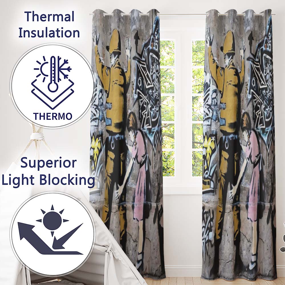 Soldier and Girl Pink Dress Urban Graffiti Modern Timeless Artwork for Home Decor Readymade Eyelet Ring Top Thermal 100% Blackout Curtains