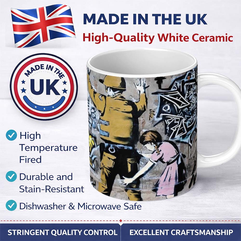 Soldier and Girl Pink Dress Urban Graffiti 11oz Ceramic Coffee Tea Mug White Large Handle