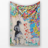 Girl with Umbrella Red Hearts Colourful Graffiti, All Season Comfort, Decorative Wall Art Style - Super Soft Fleece Blanket Bed Sofa Throw