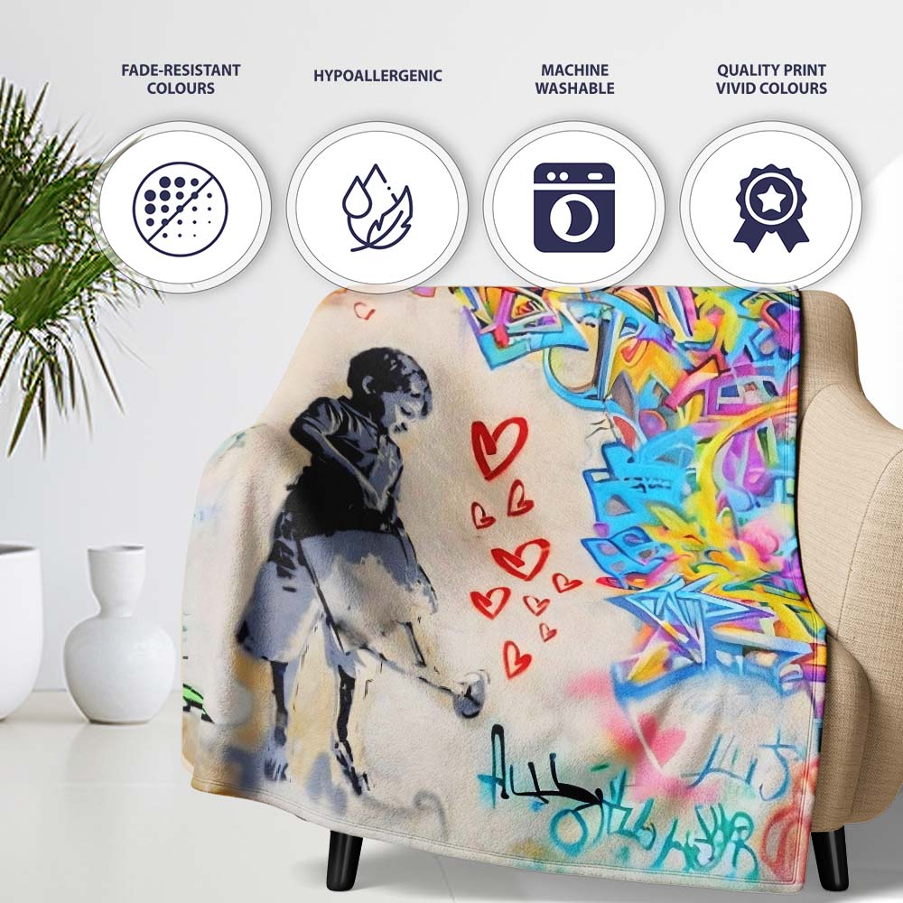 Girl with Umbrella Red Hearts Colourful Graffiti, All Season Comfort, Decorative Wall Art Style - Super Soft Fleece Blanket Bed Sofa Throw