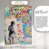 Girl with Umbrella Red Hearts Colourful Graffiti, All Season Comfort, Decorative Wall Art Style - Super Soft Fleece Blanket Bed Sofa Throw
