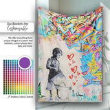 Girl with Umbrella Red Hearts Colourful Graffiti, All Season Comfort, Decorative Wall Art Style - Super Soft Fleece Blanket Bed Sofa Throw