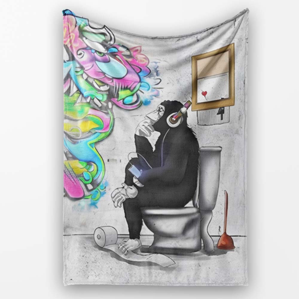 Man on Toilet Headphones Humorous Urban Graffiti, All Season Comfort, Decorative Wall Art Style - Super Soft Fleece Blanket Bed Sofa Throw