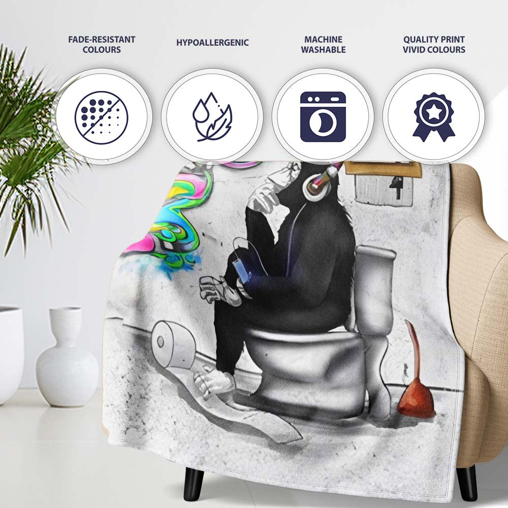Man on Toilet Headphones Humorous Urban Graffiti, All Season Comfort, Decorative Wall Art Style - Super Soft Fleece Blanket Bed Sofa Throw