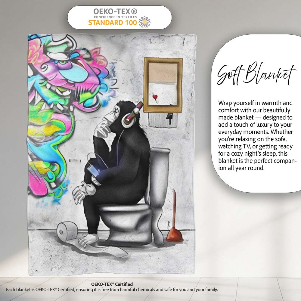Man on Toilet Headphones Humorous Urban Graffiti, All Season Comfort, Decorative Wall Art Style - Super Soft Fleece Blanket Bed Sofa Throw